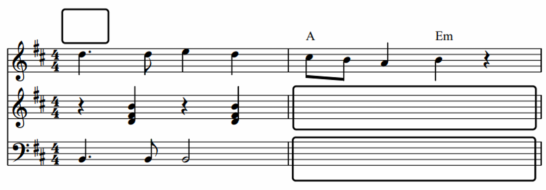 Notenblatt mit Violinschlüssel und Bassschlüssel, 4/4 Takt, Noten und Akkordbezeichnungen (A, Em)